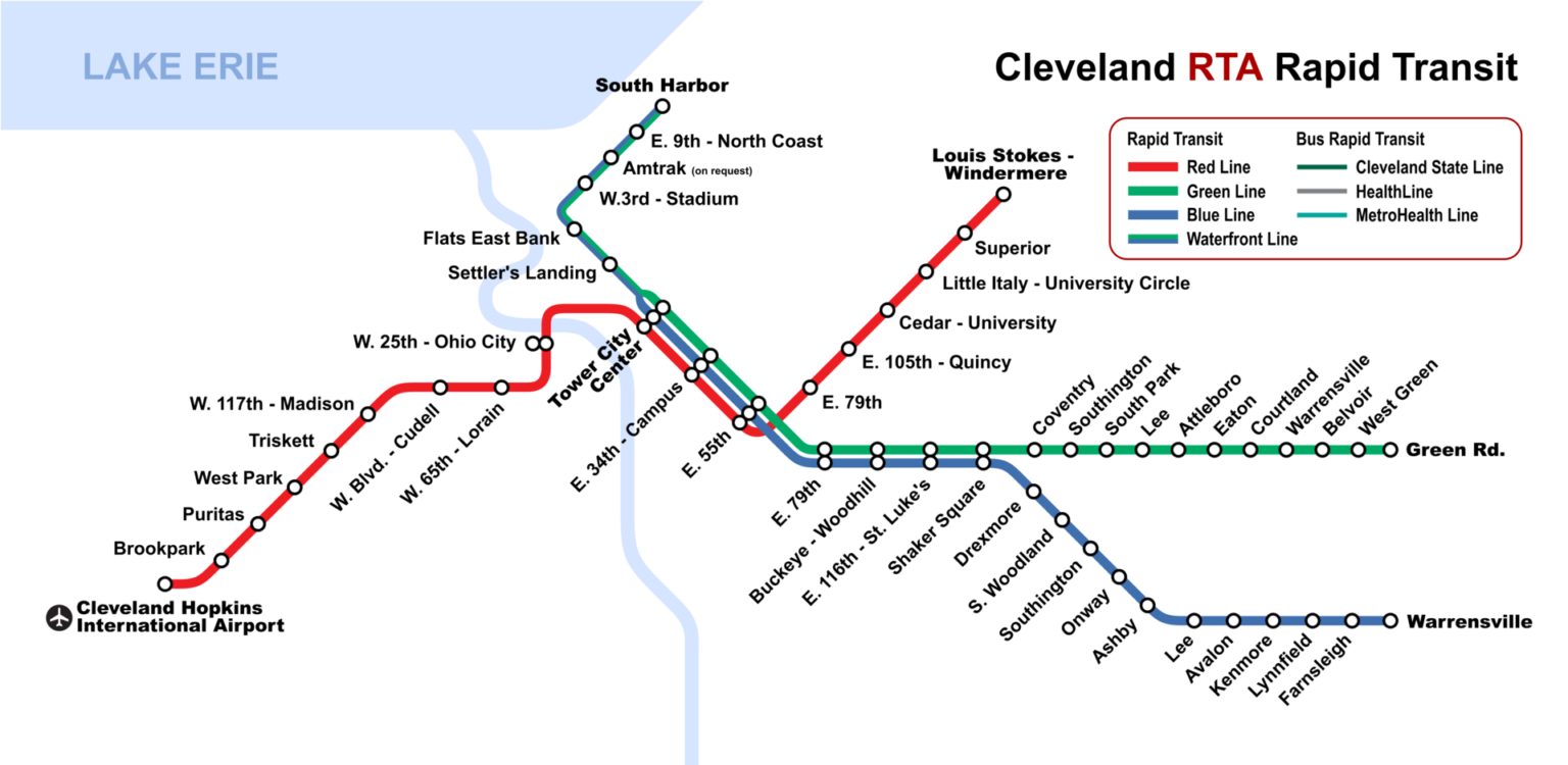 Cleveland RTA Rapid Transit Map, lines, stations and tickets